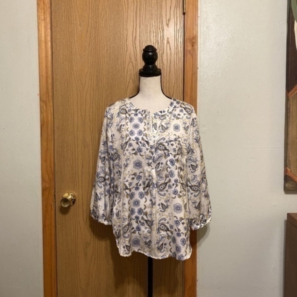 Liz Claiborne Large Multi-Color w/Paisley Print 3/4 Sleeve V-Neck Blouse - EUC